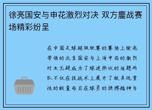 徐亮国安与申花激烈对决 双方鏖战赛场精彩纷呈